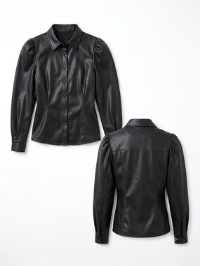 Express Black Faux Leather Puff-Sleeve Button-Down Shirt Size XS
